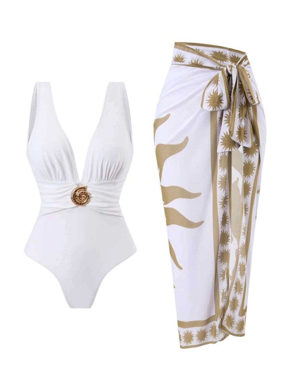 One Piece Swimsuit with Cover up Wrap Skirt Sarong Floral Print Plunge V Neck
